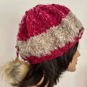 Hand Knits 2 Love Slouch Beanie Hat  Faux Fur Pom
